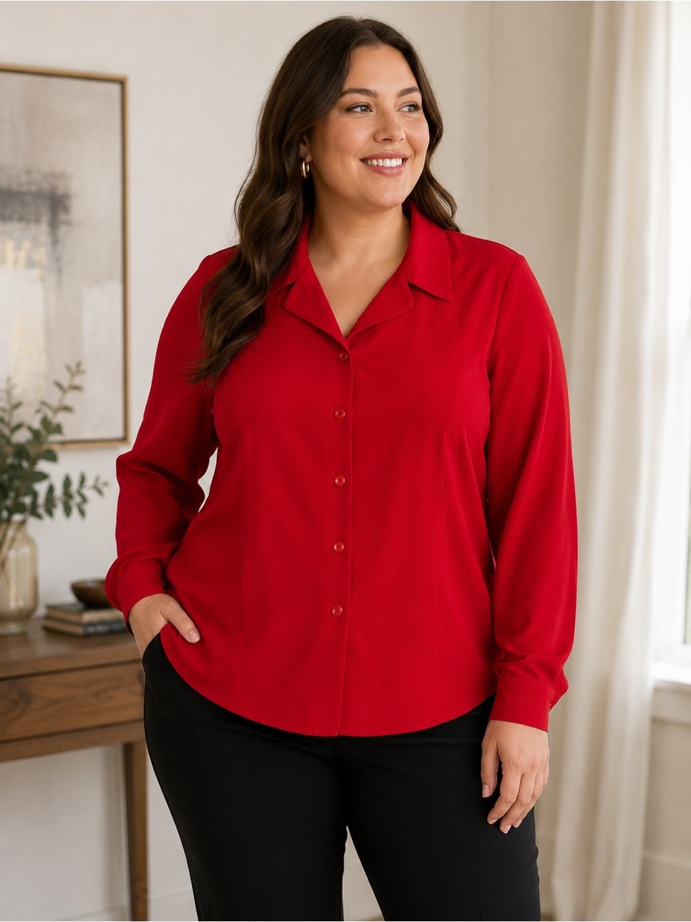 Laura Scott Woman Red Button Front Career Blouse Top 16W Plus Long Sleeve